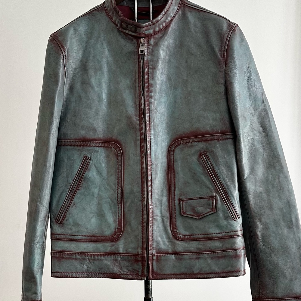 Dolce & Gabbana Leather Bomber Jacket in Gray and Red
